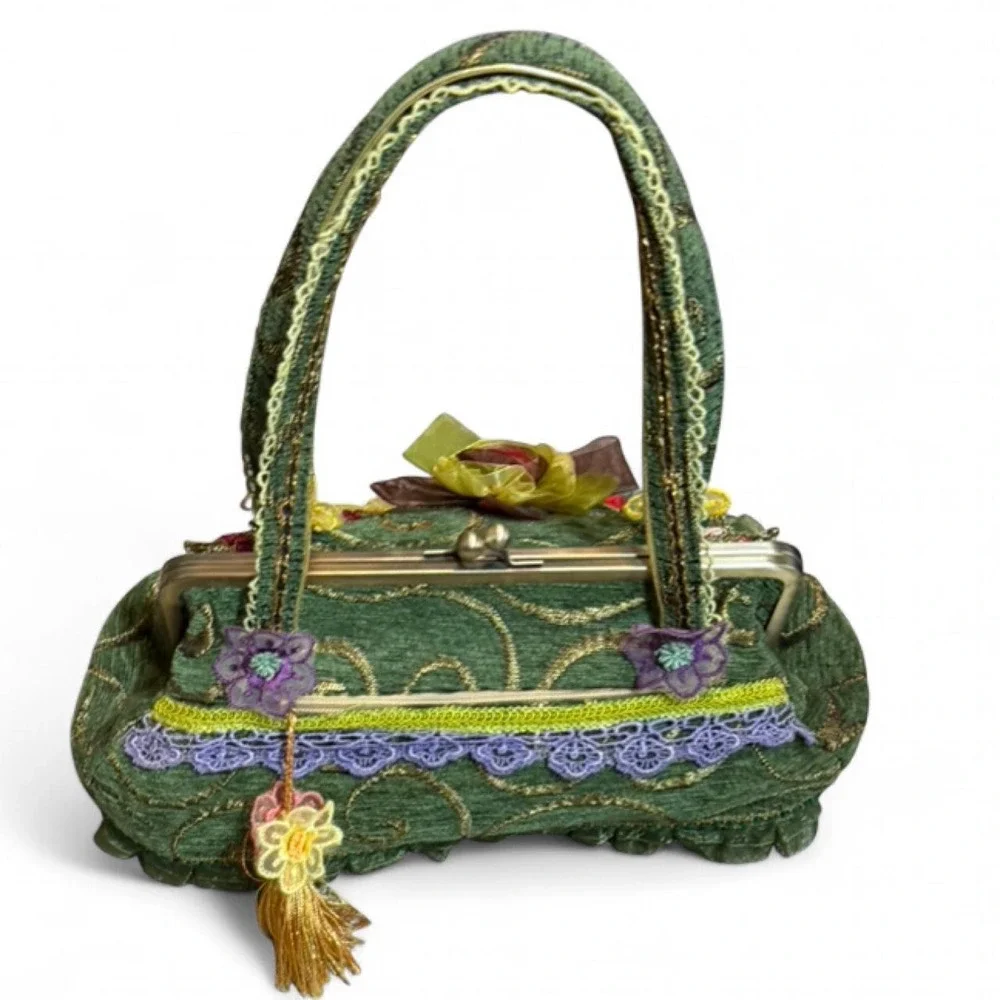 Vintage‎ Inspired Green Floral Tapestry Embellished Handbag